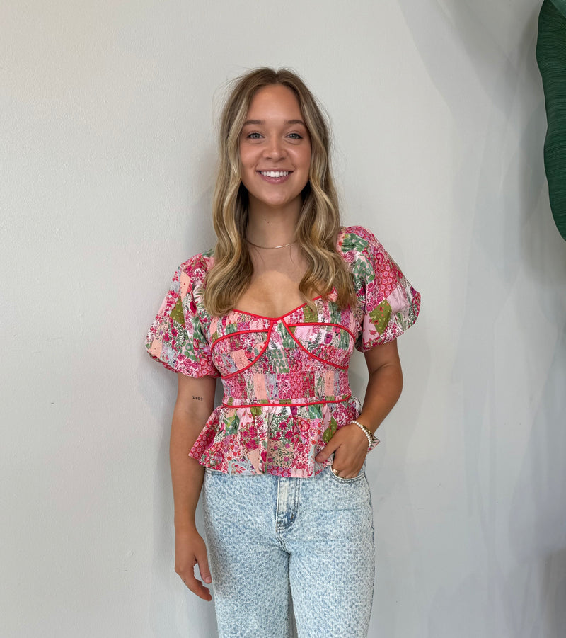 CONTRAT PIPING FLORAL BLOUSE PINK MULTI