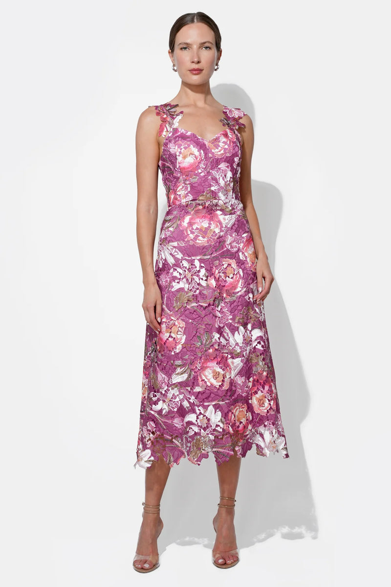 PRUDENCE FLORAL LACE MIDI DRESS MAGENTA