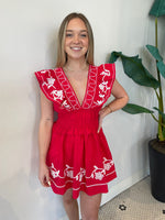 EMBROIDERY RUFFLE LINEN MINI DRESS CHERRY RED