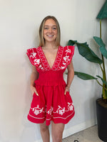 EMBROIDERY RUFFLE LINEN MINI DRESS CHERRY RED