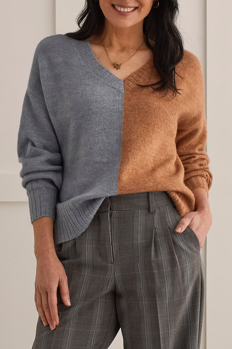 V NECK TWO TONE CINNAMON/GREY