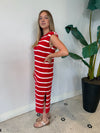 SHOULDER PAD SLEEVELESS STRIPED KNIT DRESS RED/WHITE