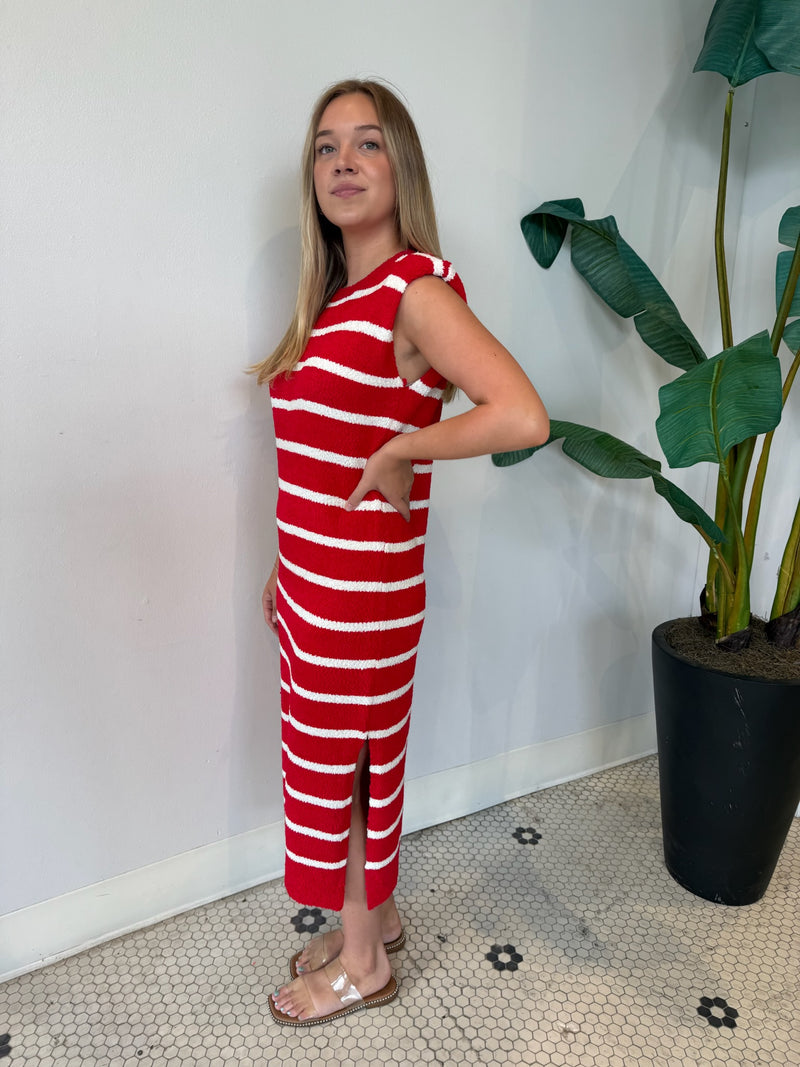 SHOULDER PAD SLEEVELESS STRIPED KNIT DRESS RED/WHITE