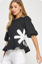 FLOWER COLOR BLOCK POPLIN TOP BLK/W