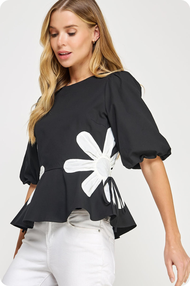 FLOWER COLOR BLOCK POPLIN TOP BLK/W