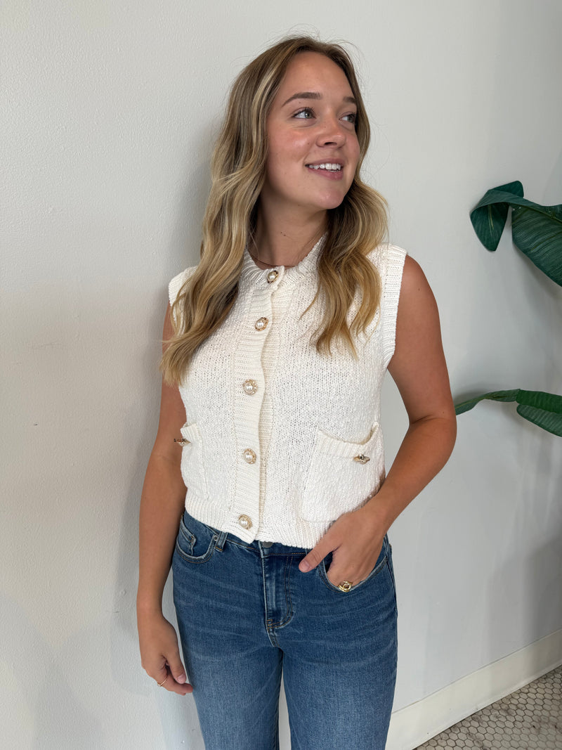 KNITTED PEARL JEWELED BUTTON VEST TOP WHITE