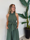 ROSA FLUTTER HALTER COLLARED DRESS OLIVE
