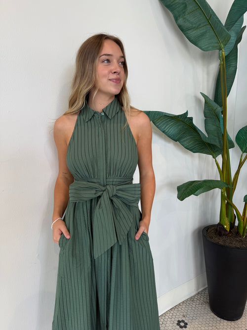 ROSA FLUTTER HALTER COLLARED DRESS OLIVE