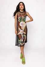BLACK MESH MULTI SHELL COVERUP MIDI DRESS