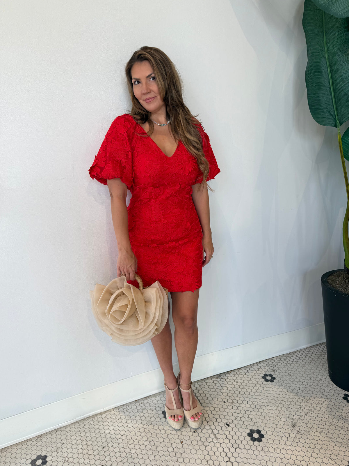 HUSTINA PUFF 3D LACE MINI DRESS RED