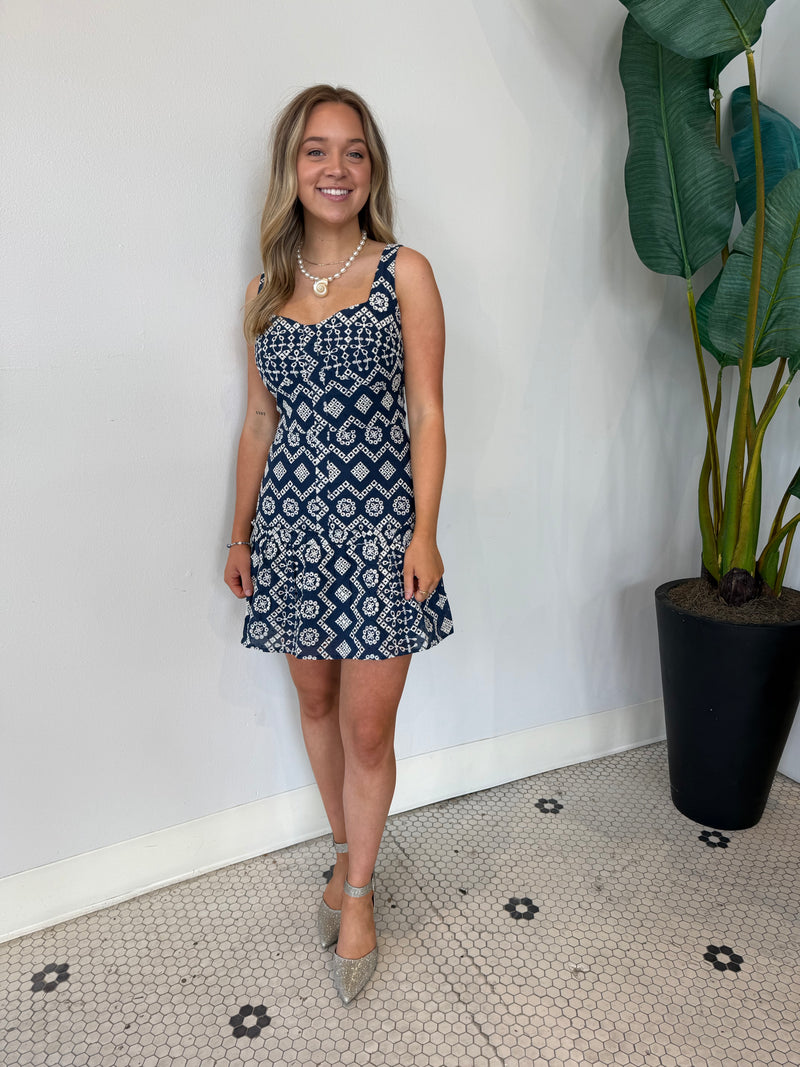 VANNI COTTON EYELET DROP WAIST MINI DRESS NAVY
