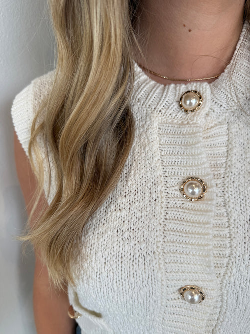 KNITTED PEARL JEWELED BUTTON VEST TOP WHITE
