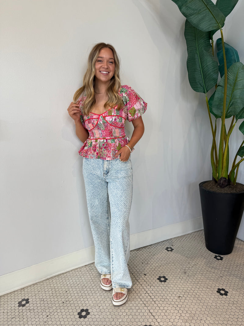 CONTRAT PIPING FLORAL BLOUSE PINK MULTI