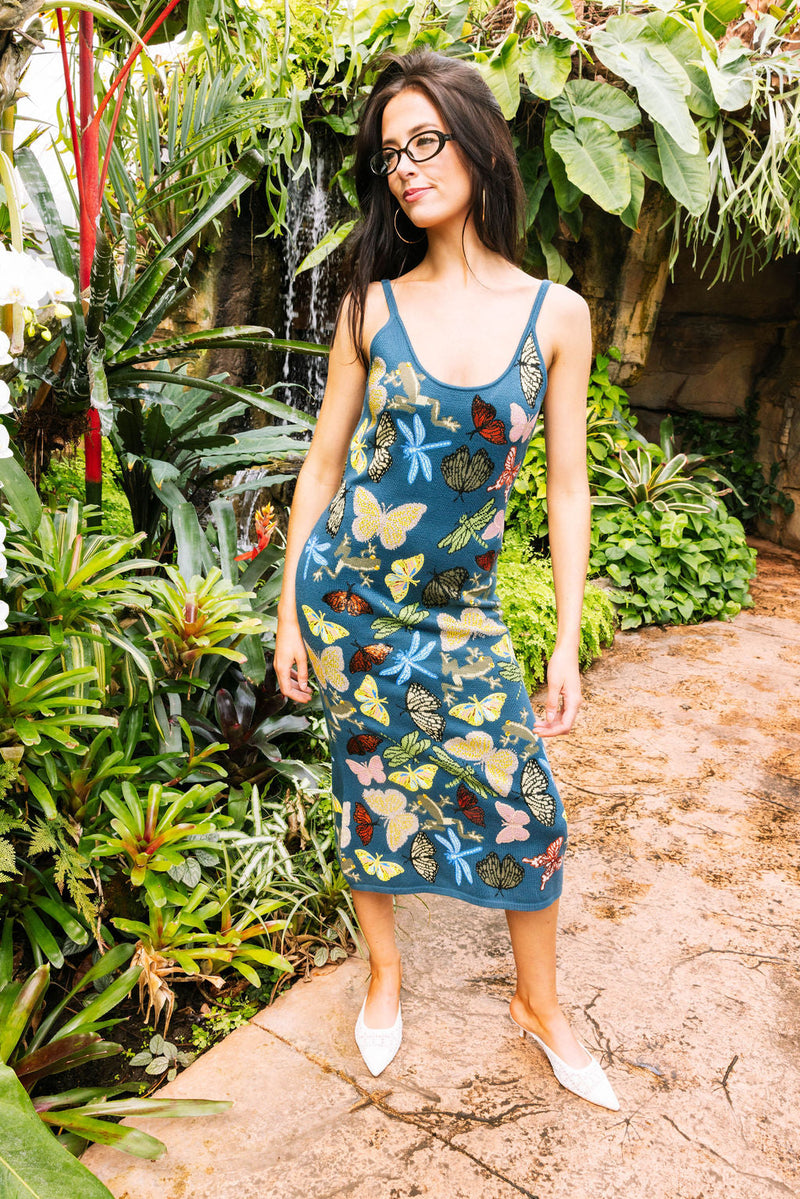 DARK TEAL SCATTERED BUTTRFLY, DRAGONFLY & FROG DRESS