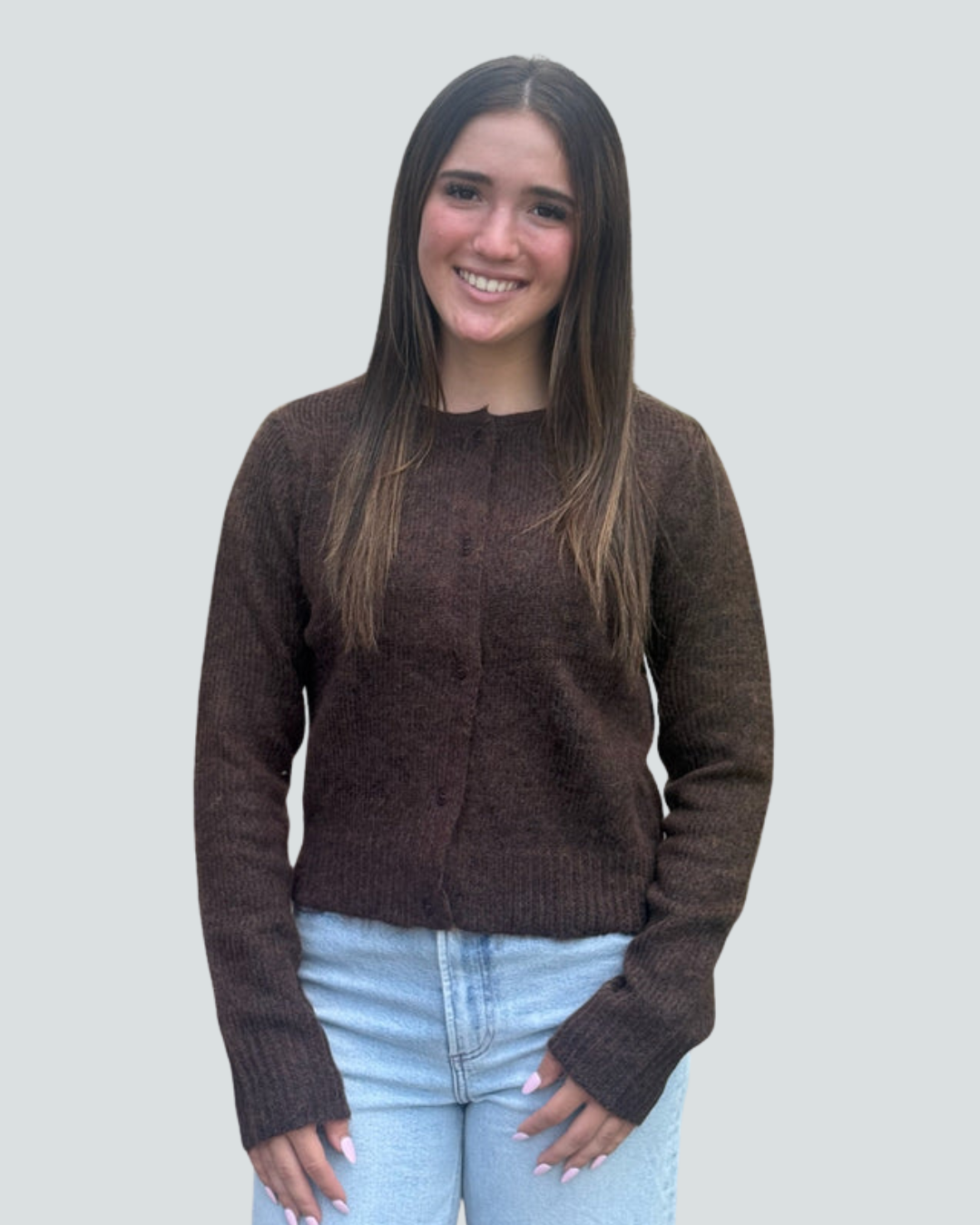 BERGOS CREW NECK CARDIGAN BROWN MEL