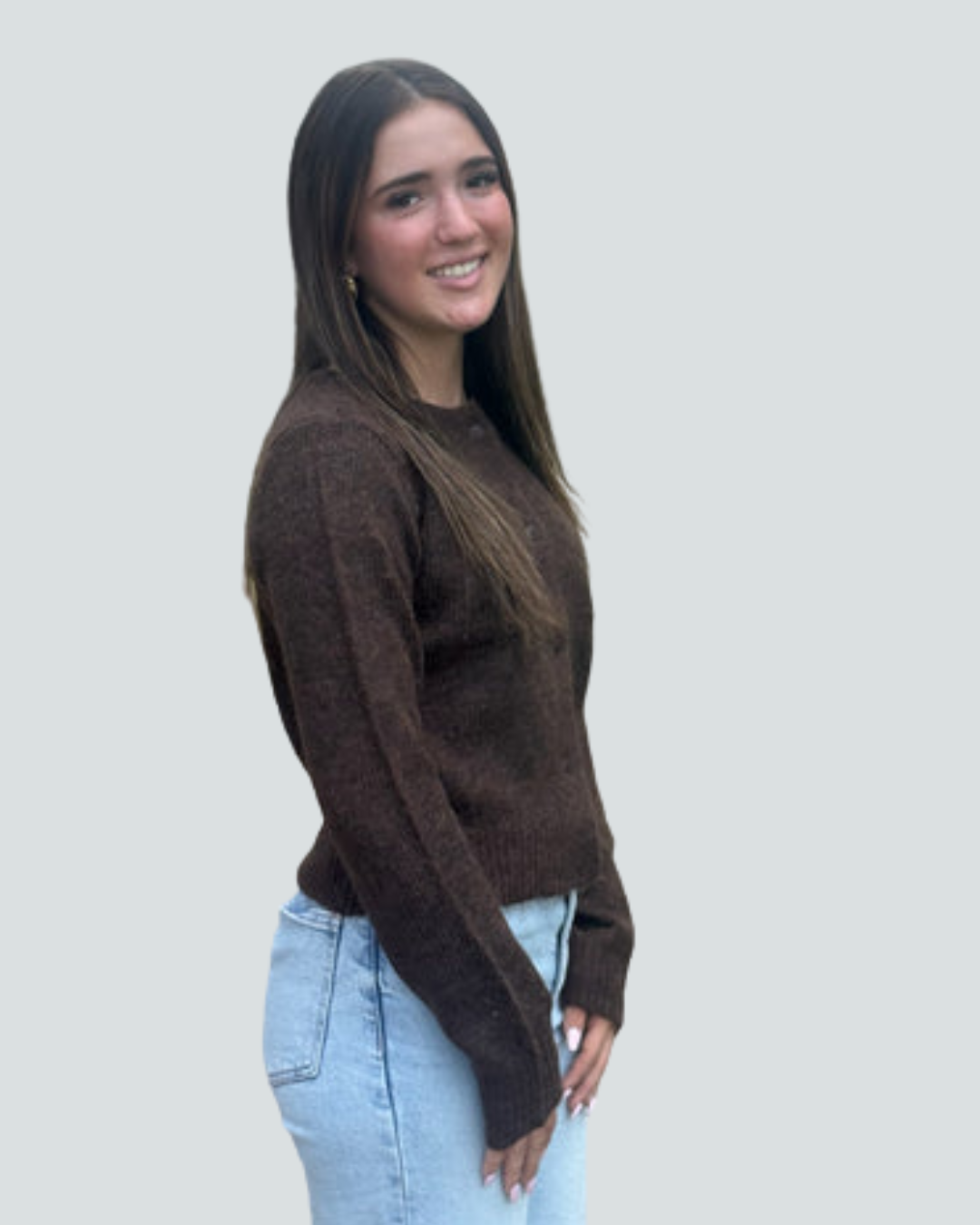 BERGOS CREW NECK CARDIGAN BROWN MEL