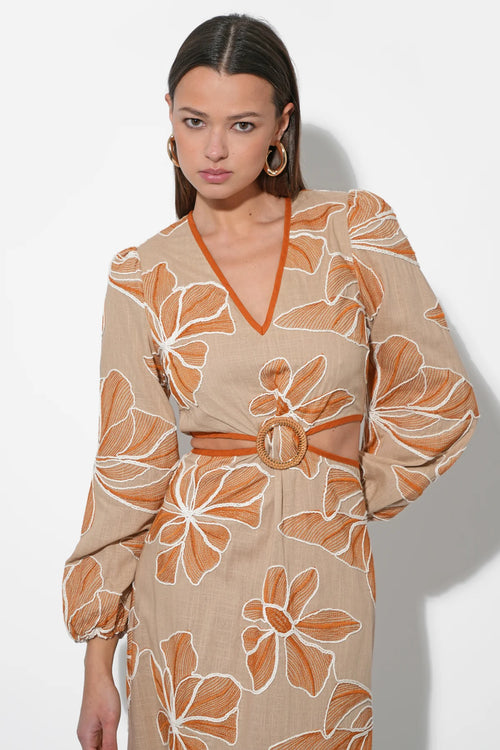 JOY EMBROIDERED MAXI WITH SIDE CUT OUT RUST