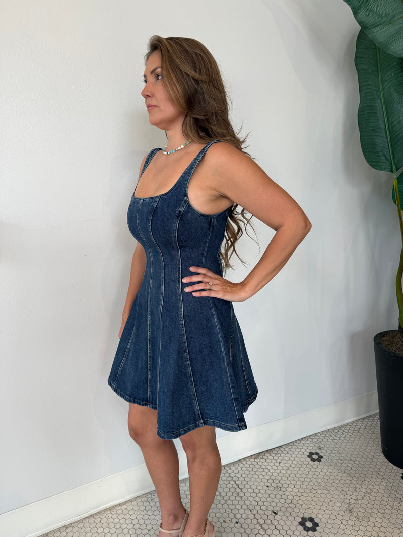 SURINA SLEEVELESS A LINE MINI DRESS DARK DENIM
