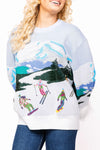 SKIERS ON MOUNTAIN FEATHER SLEEVE SWEATER
