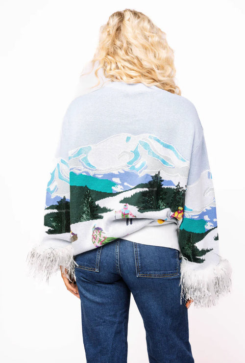 SKIERS ON MOUNTAIN FEATHER SLEEVE SWEATER