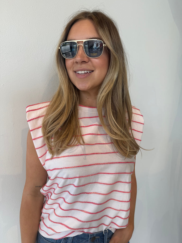 SHOULDER PAD STRIPE KNIT MUSCLE TEE WHITE/RED