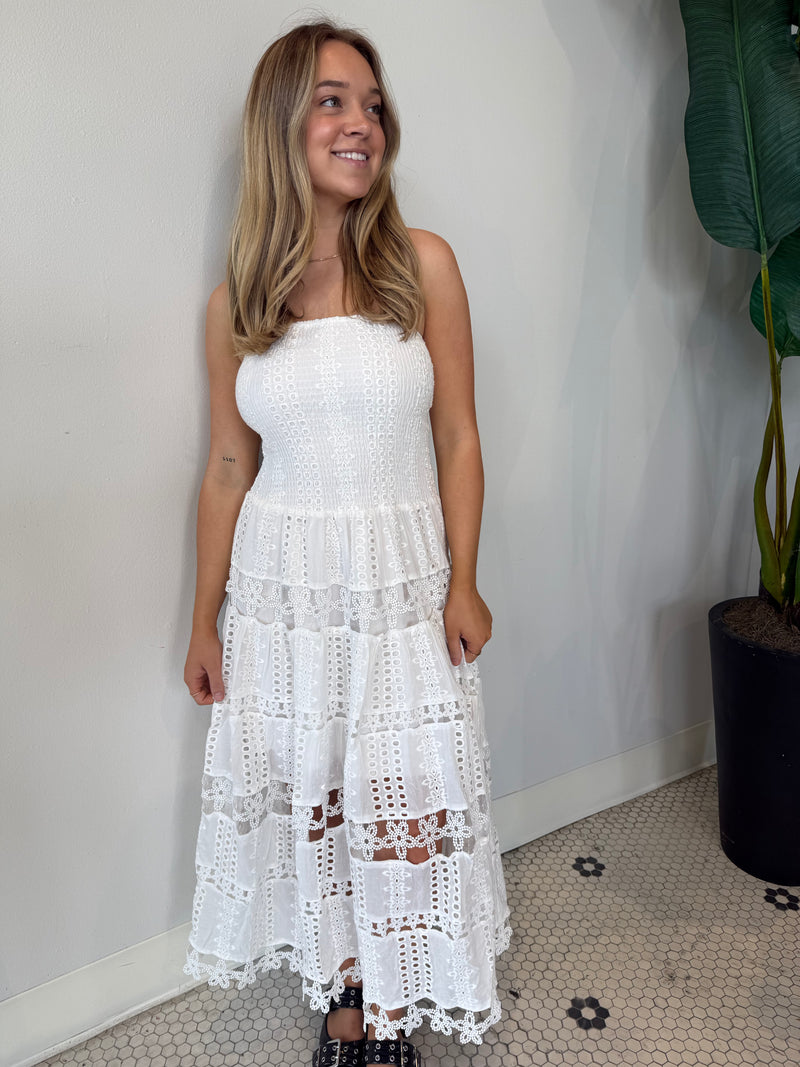 EYELET LACE TUBE DRESS WHITE