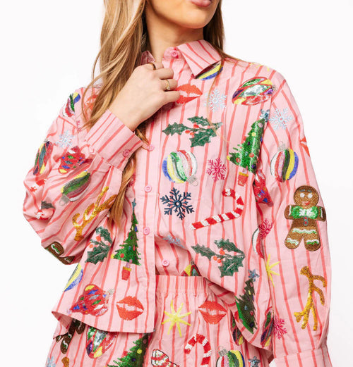 LIGHT PINK & RED STRIPE ICONS BUTTON-UP TOP