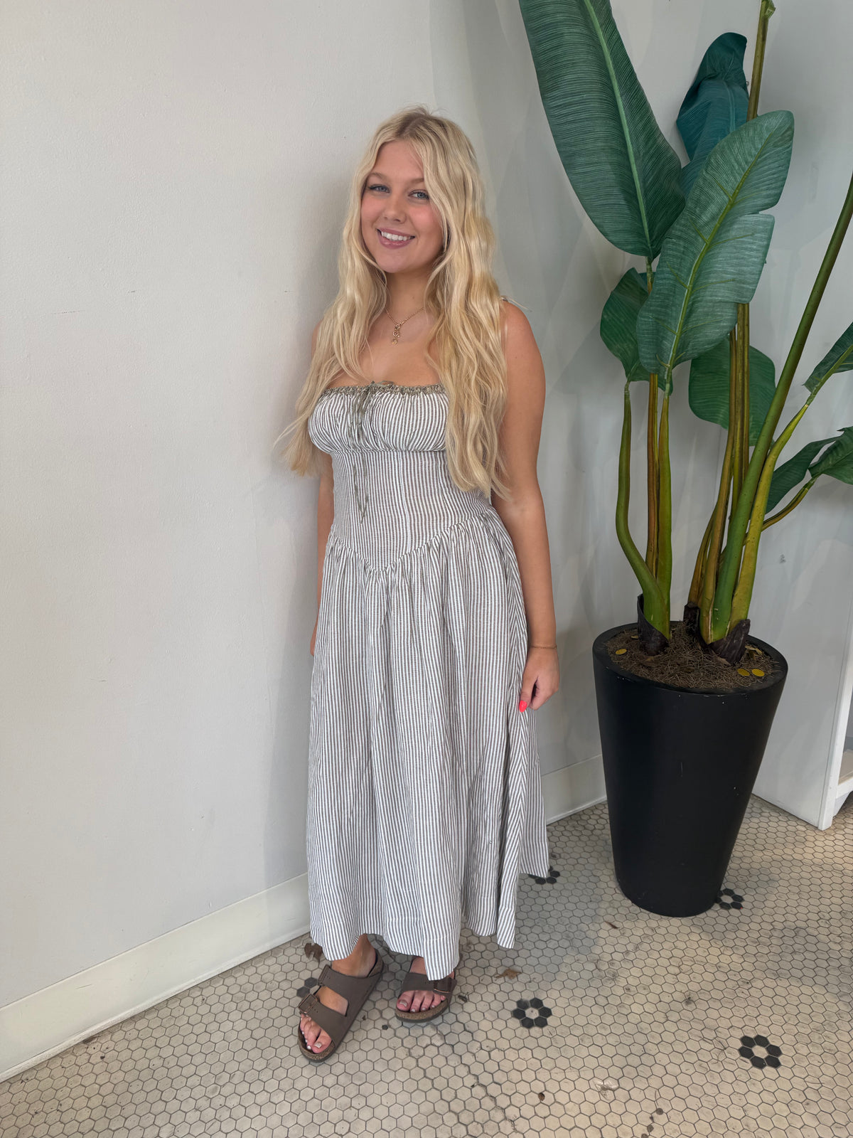 BRIELLE STRIPED MIDI LINEN DRESS
