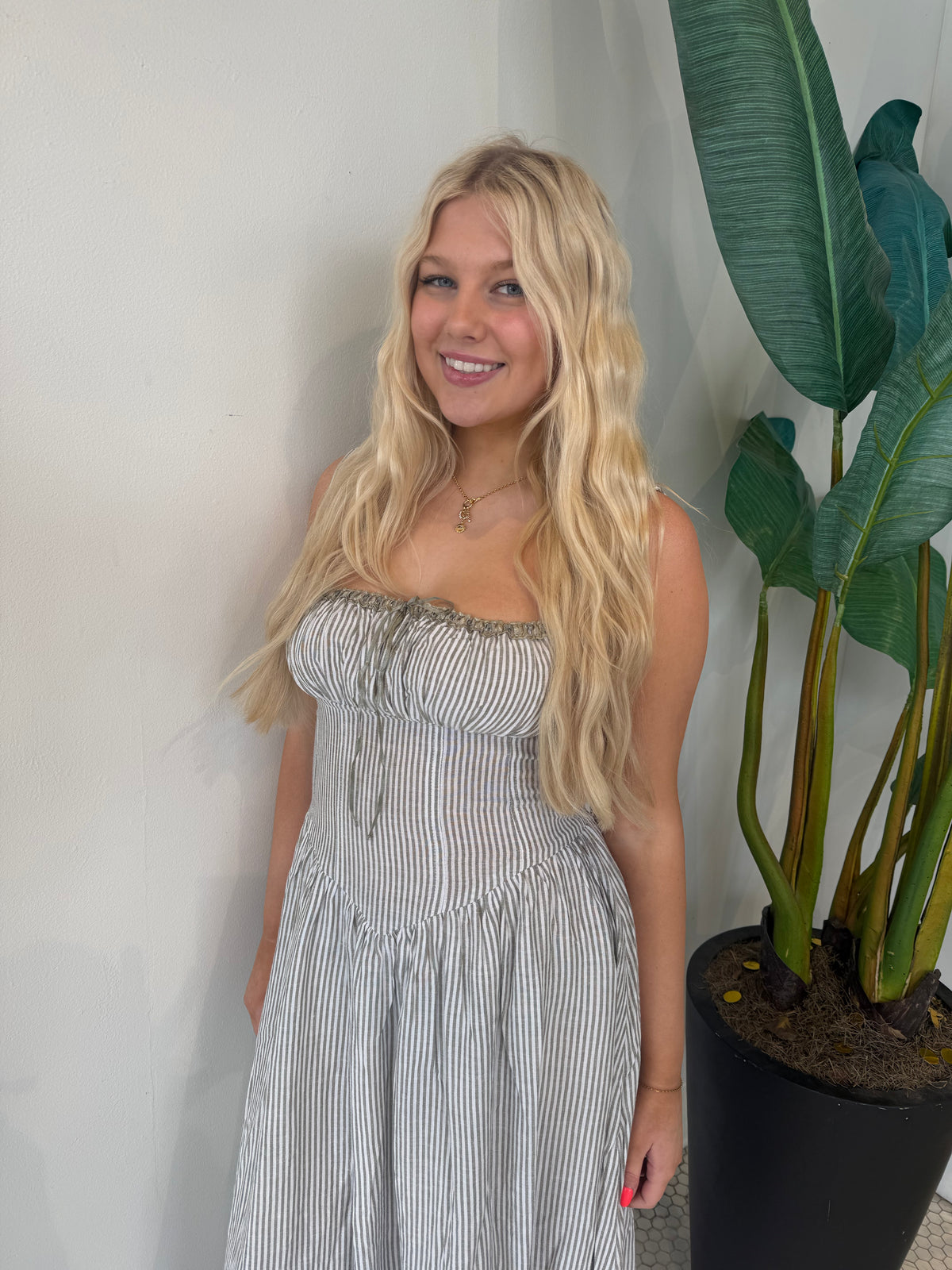 BRIELLE STRIPED MIDI LINEN DRESS