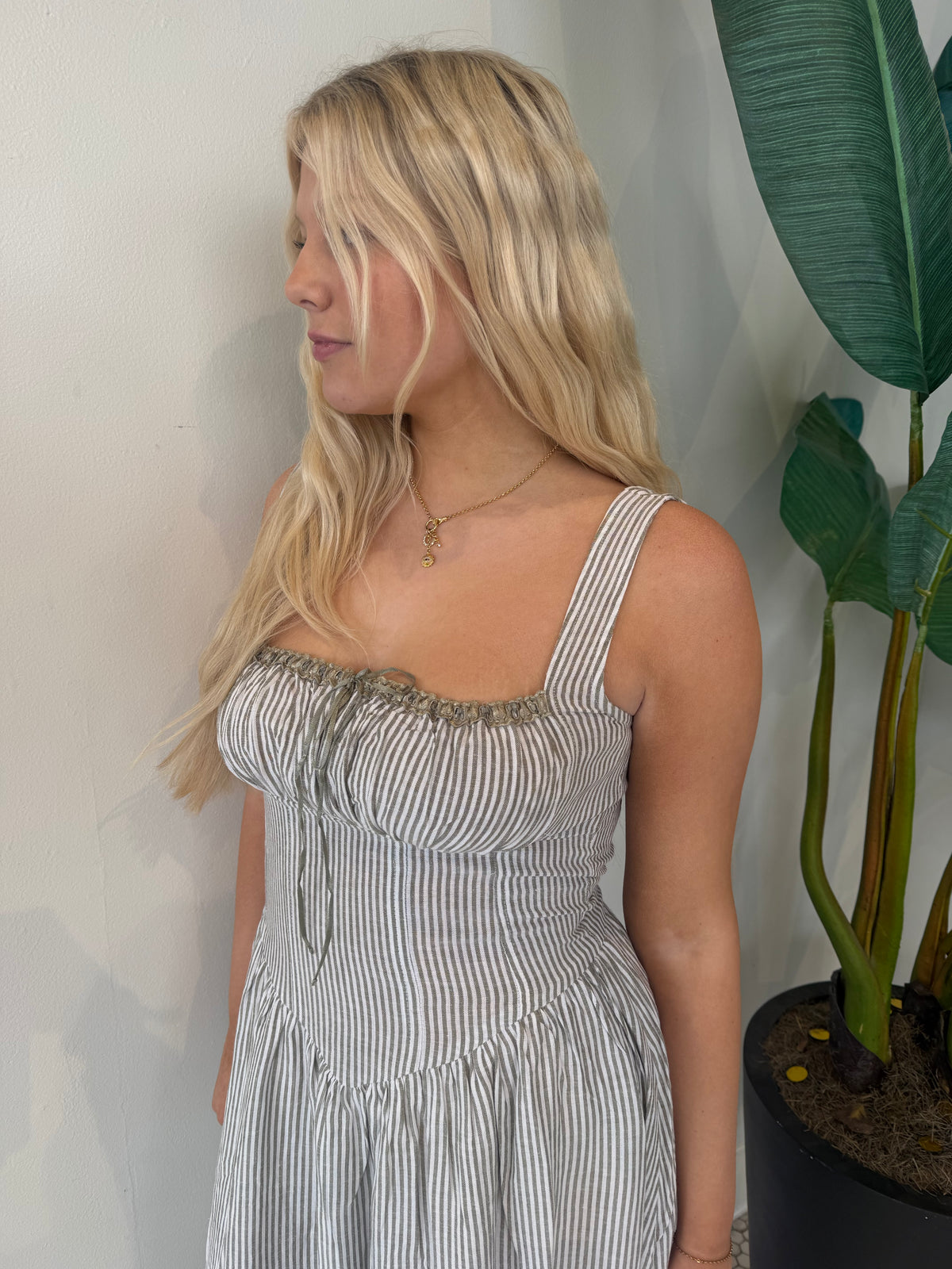 BRIELLE STRIPED MIDI LINEN DRESS