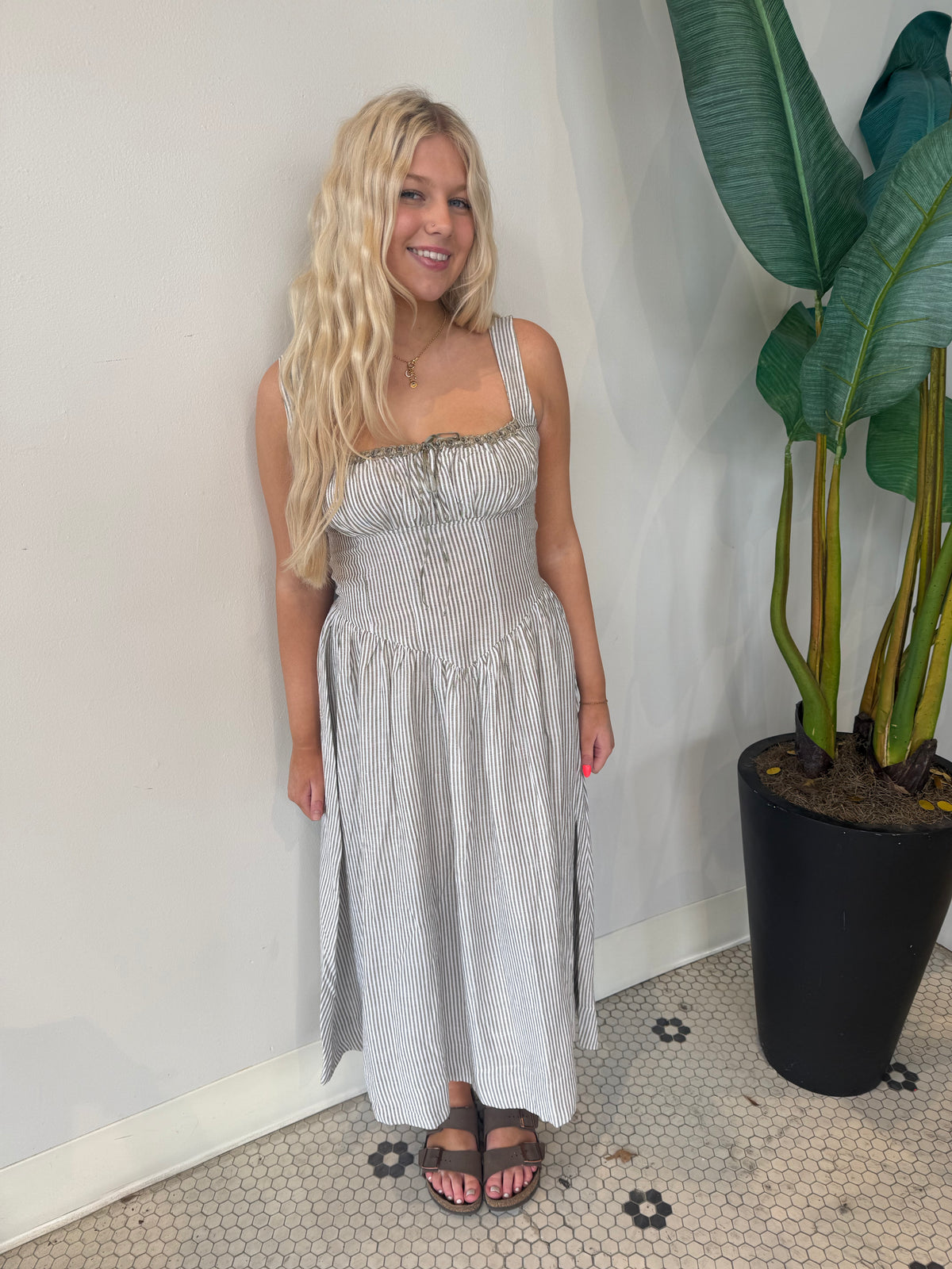 BRIELLE STRIPED MIDI LINEN DRESS