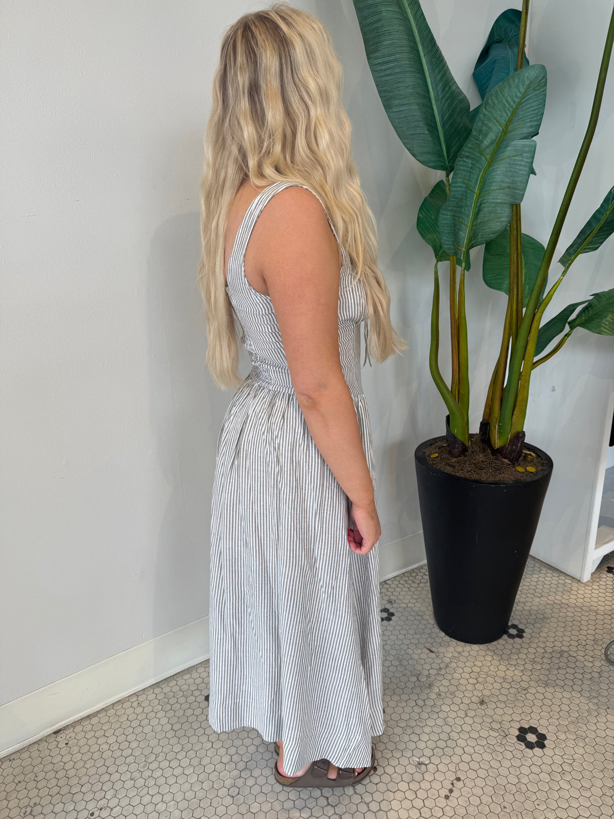 BRIELLE STRIPED MIDI LINEN DRESS