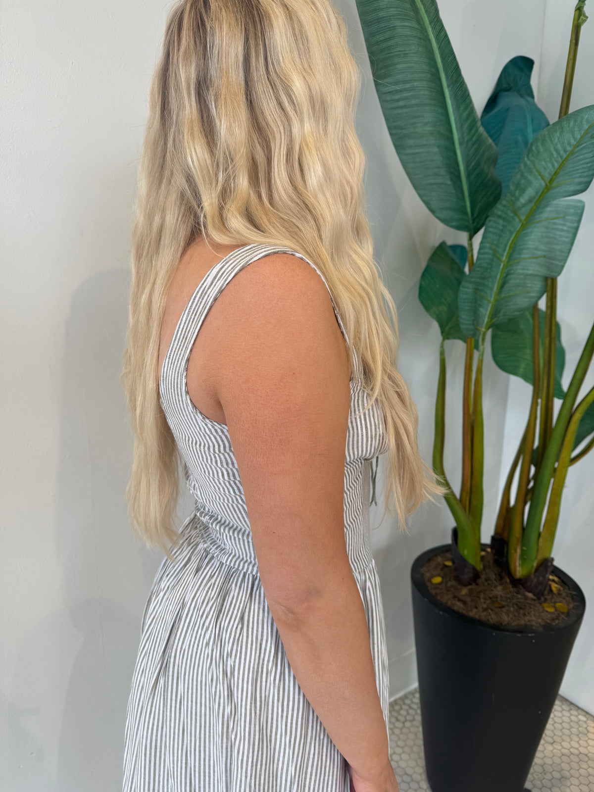 BRIELLE STRIPED MIDI LINEN DRESS