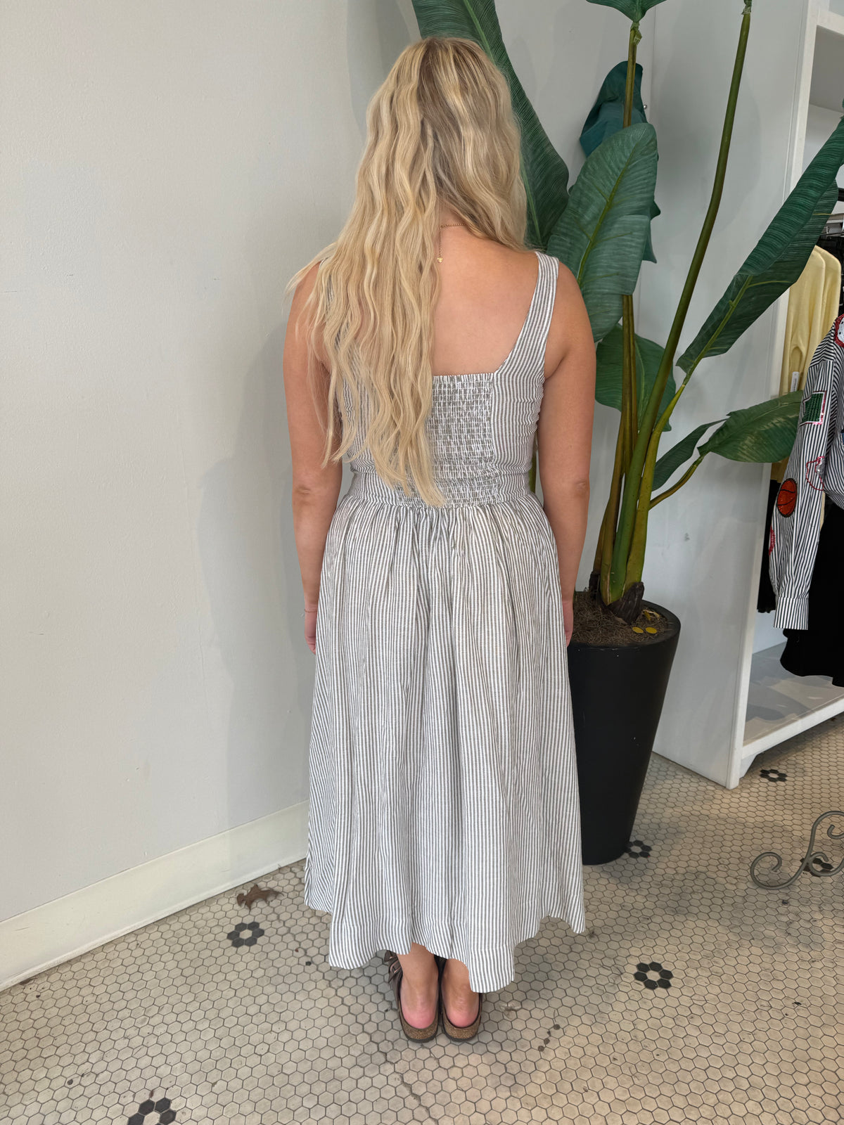 BRIELLE STRIPED MIDI LINEN DRESS