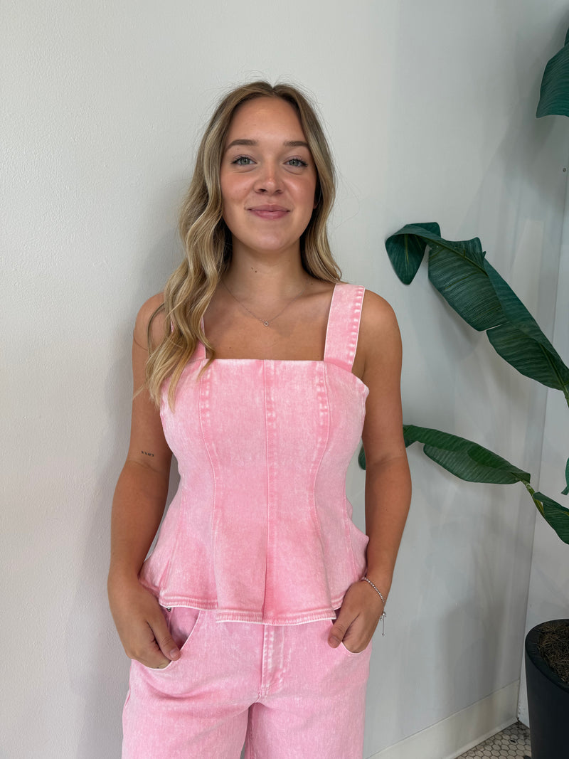 DENIM PEPLUM TOP PINK