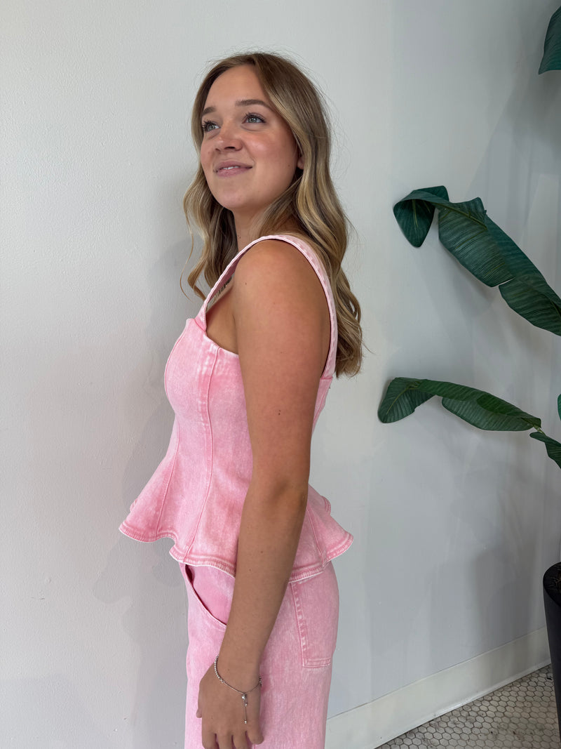 DENIM PEPLUM TOP PINK