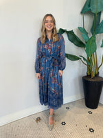 BLUE LONG SLEEVE FLORAL MIDI DRESS