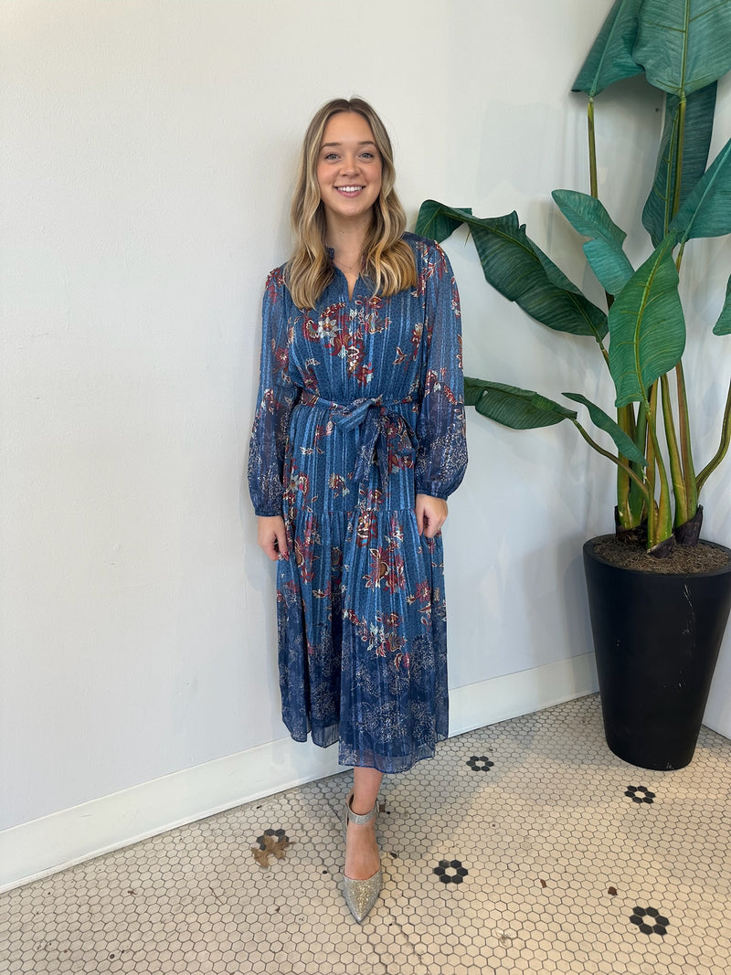 BLUE LONG SLEEVE FLORAL MIDI DRESS