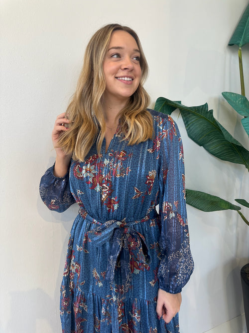 BLUE LONG SLEEVE FLORAL MIDI DRESS