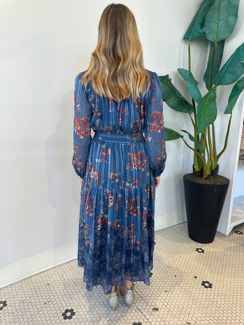 BLUE LONG SLEEVE FLORAL MIDI DRESS