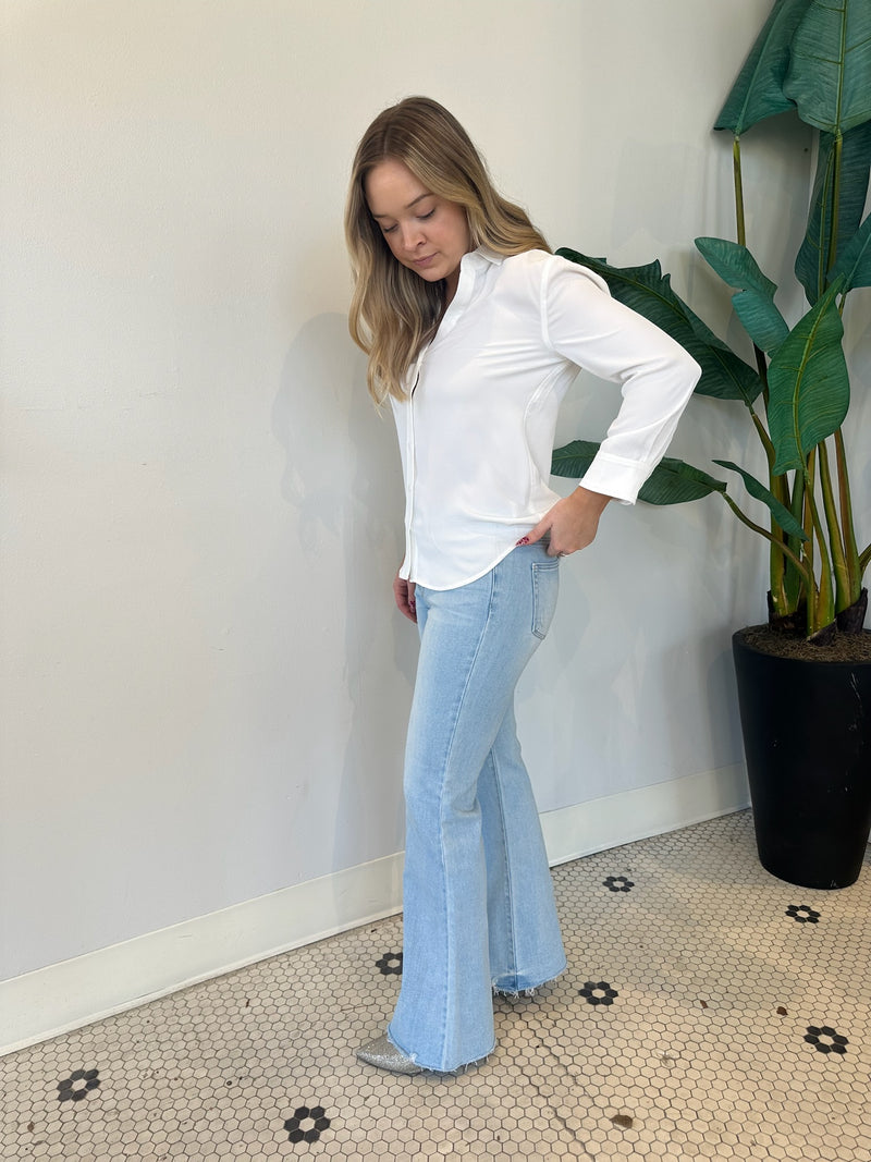 FLARE JEANS WITH HEM DETAIL LIGHT DENIM