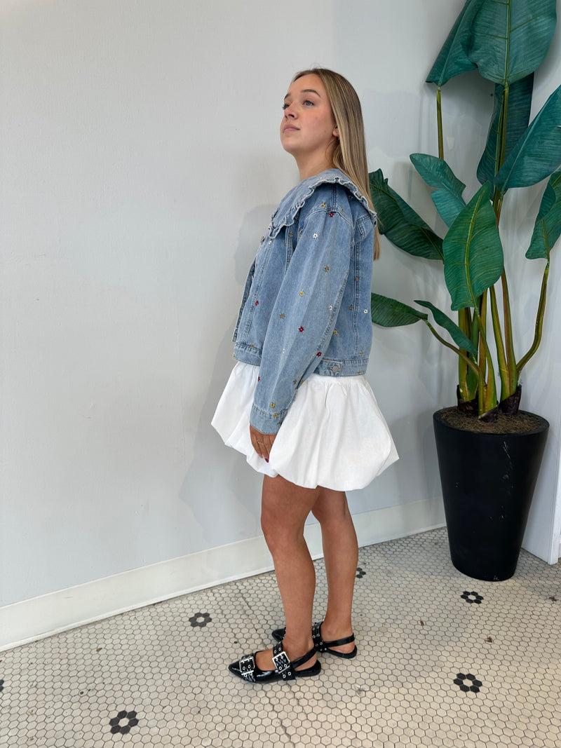 EMBROIDERED PETER PAN COLLAR DENIM JACKET