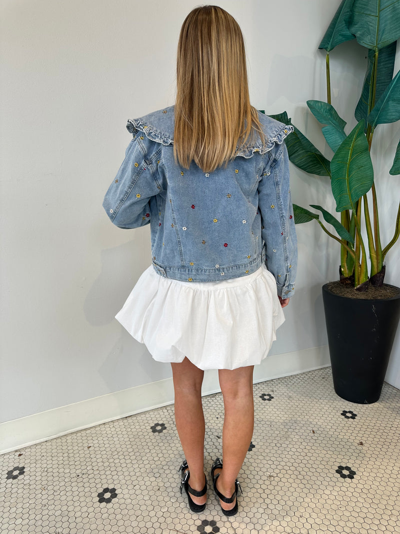 EMBROIDERED PETER PAN COLLAR DENIM JACKET