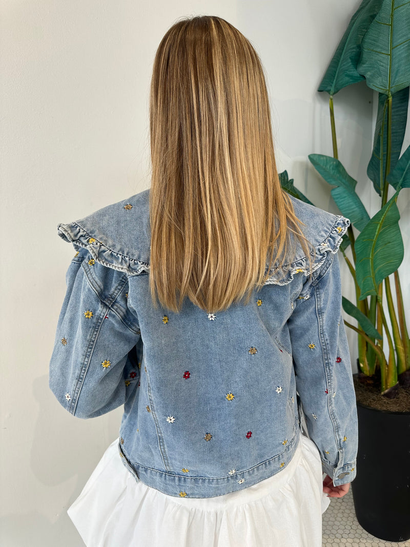 EMBROIDERED PETER PAN COLLAR DENIM JACKET