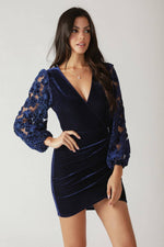 VELVET LACE SLEEVE MINI DRESS NAVY