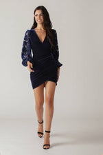 VELVET LACE SLEEVE MINI DRESS NAVY