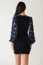 VELVET LACE SLEEVE MINI DRESS NAVY