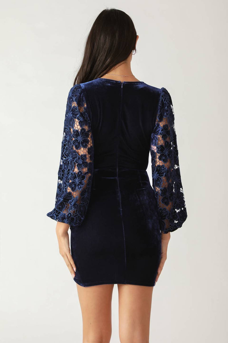VELVET LACE SLEEVE MINI DRESS NAVY