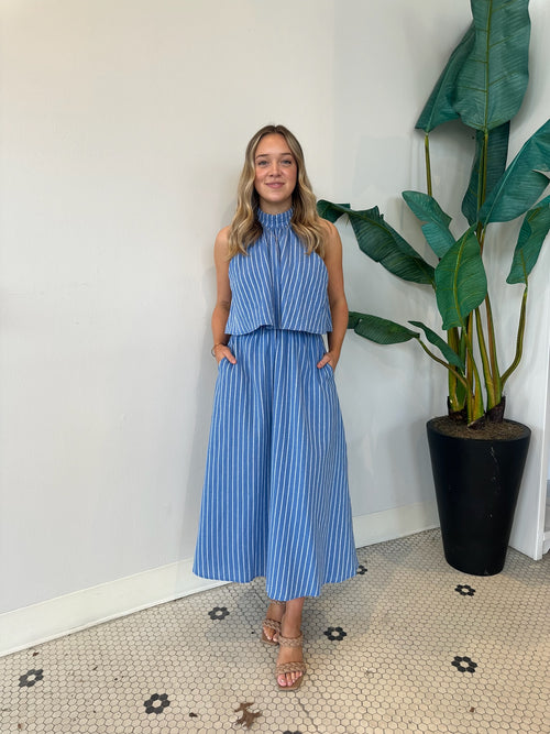 HALTER NECK STRIPE COTTON DRESS BLUE