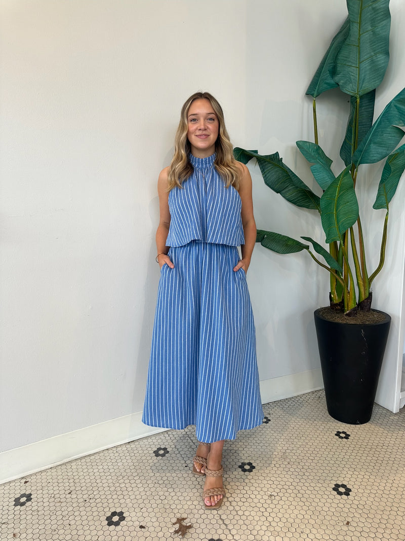 HALTER NECK STRIPE COTTON DRESS BLUE